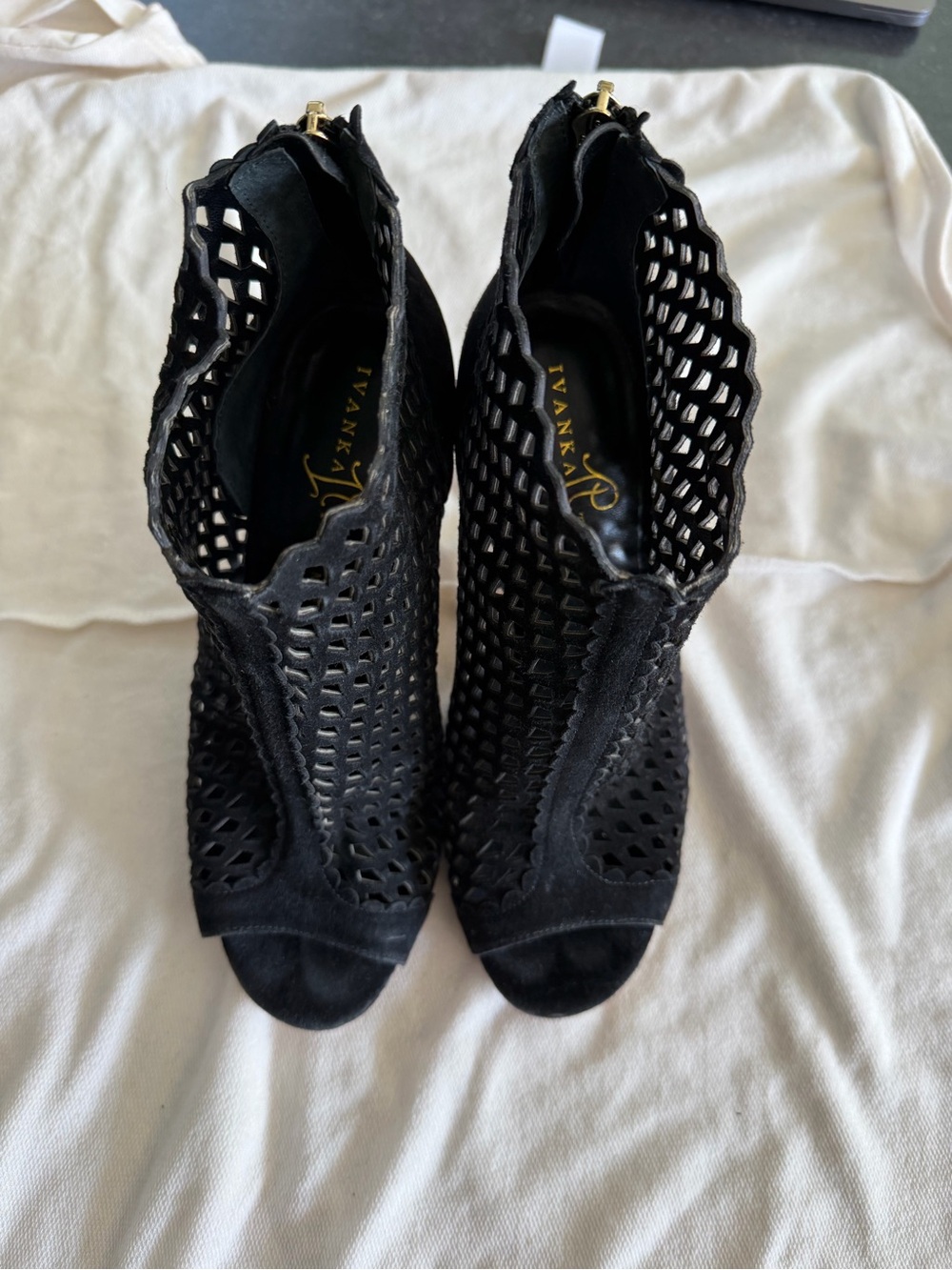 Ivanka Trump Black Laser-Cut Peep Toe Booties